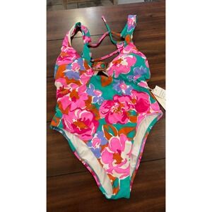 Sunshine 79 Womens Floral One Piece Swimsuit Pink Teal Buckle SN3AX09 Size 14
